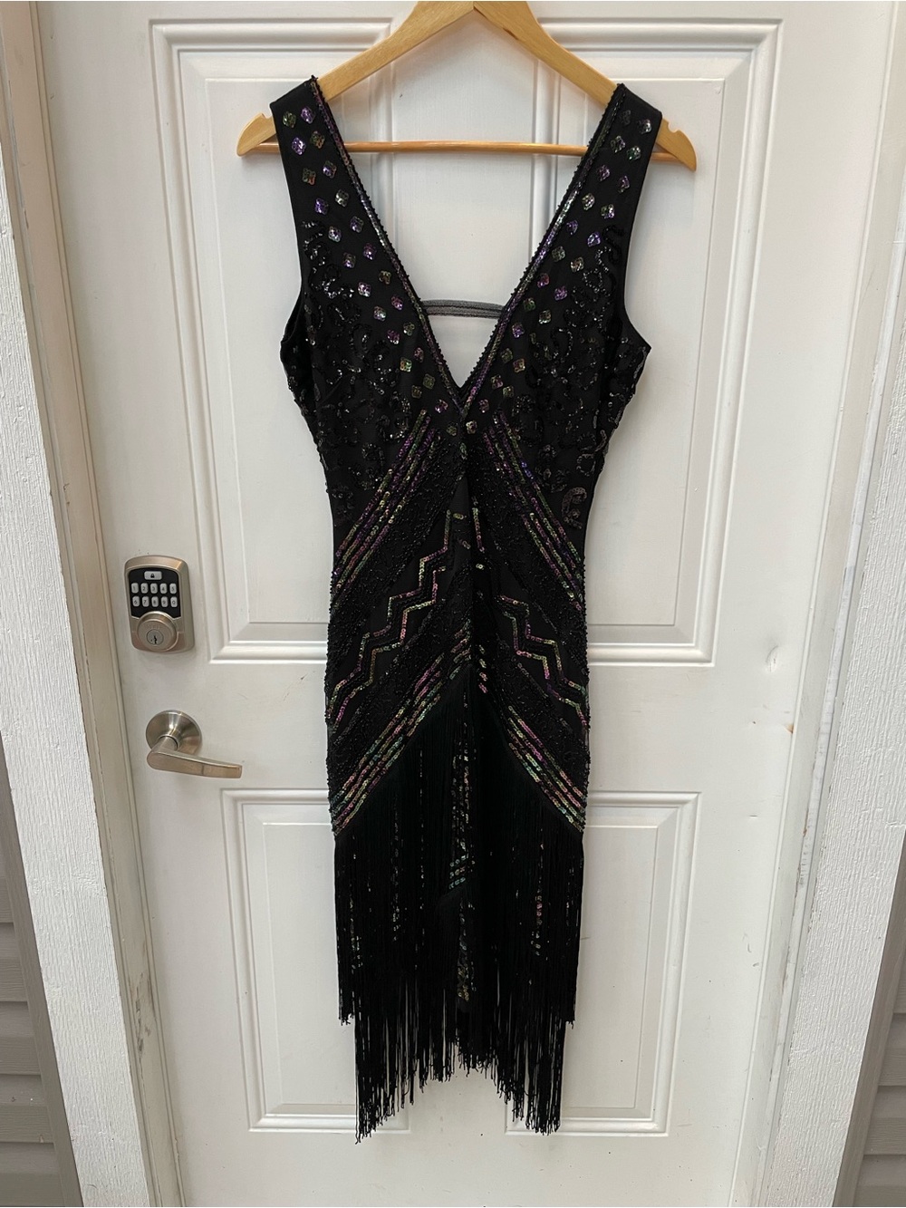 Black Beaded V-Neck Midi Fringe Dress